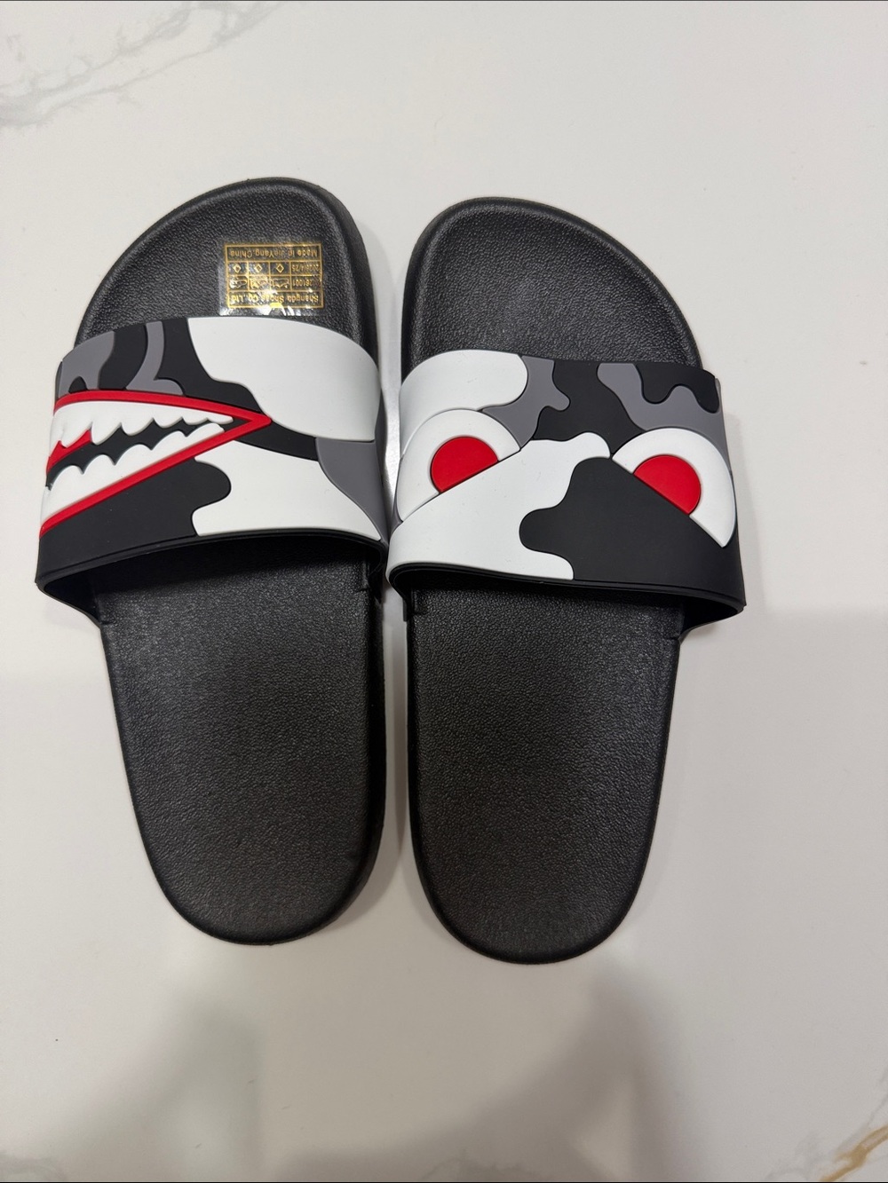 Kids Black Camouflage Slide Sandals with Red Detail